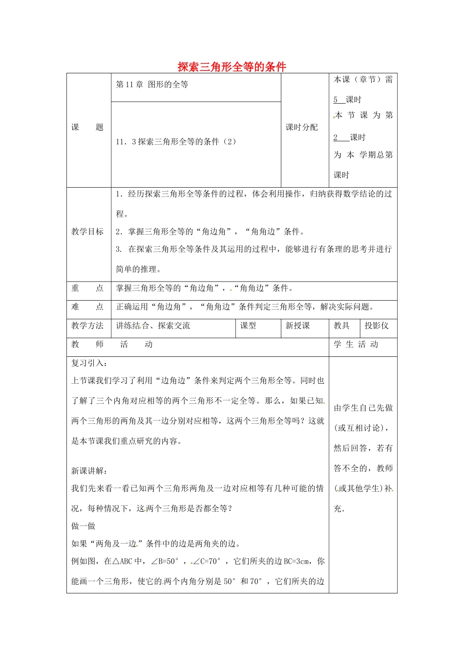 七年级数学下册 11.3 探索三角形全等的条件教案2 （新版）苏科版-（新版）苏科版初中七年级下册数学教案_第1页