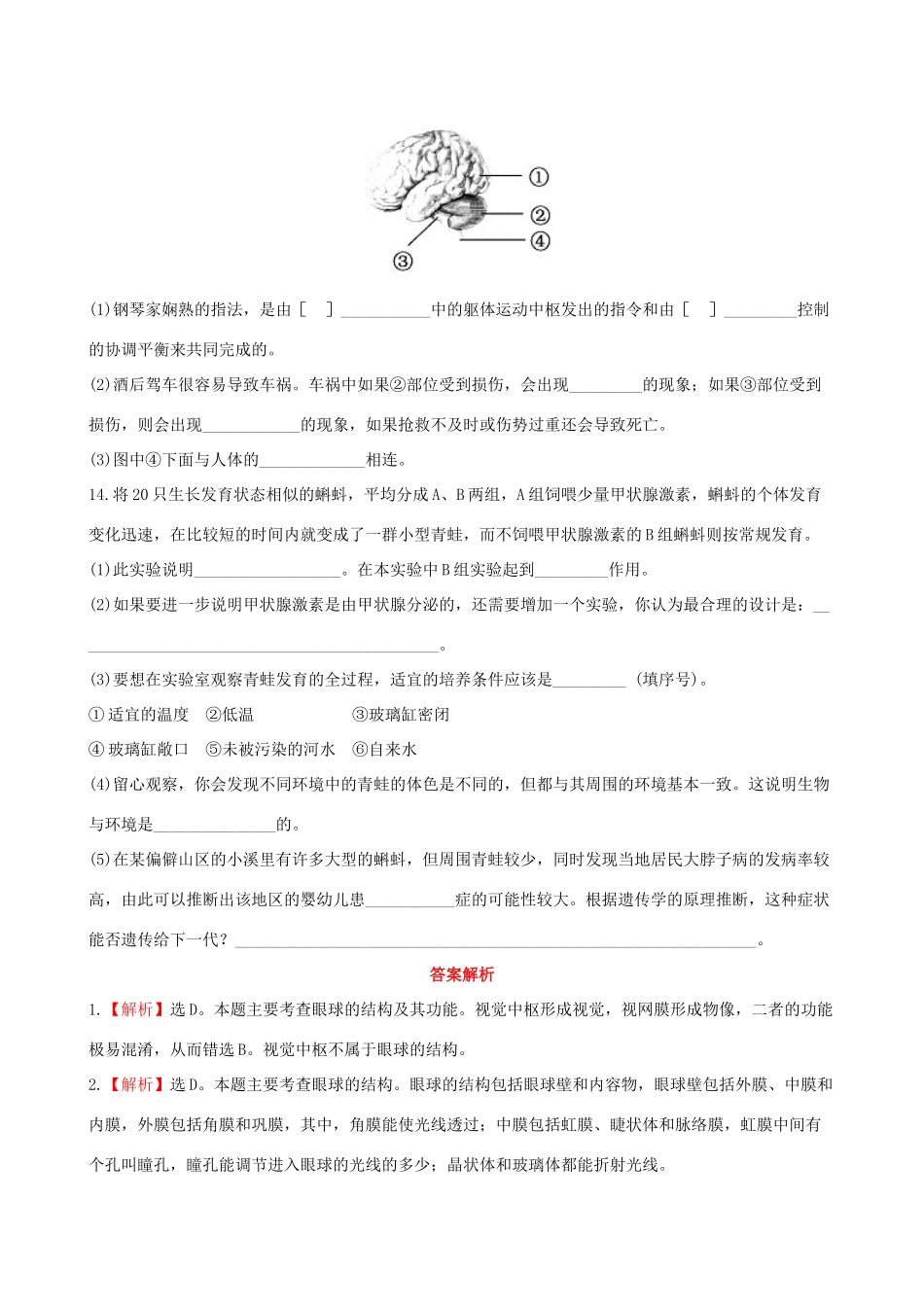 山东省泰安新泰市七年级生物下册 第六章 人体生命活动的调解复习检测题 新人教版_第3页