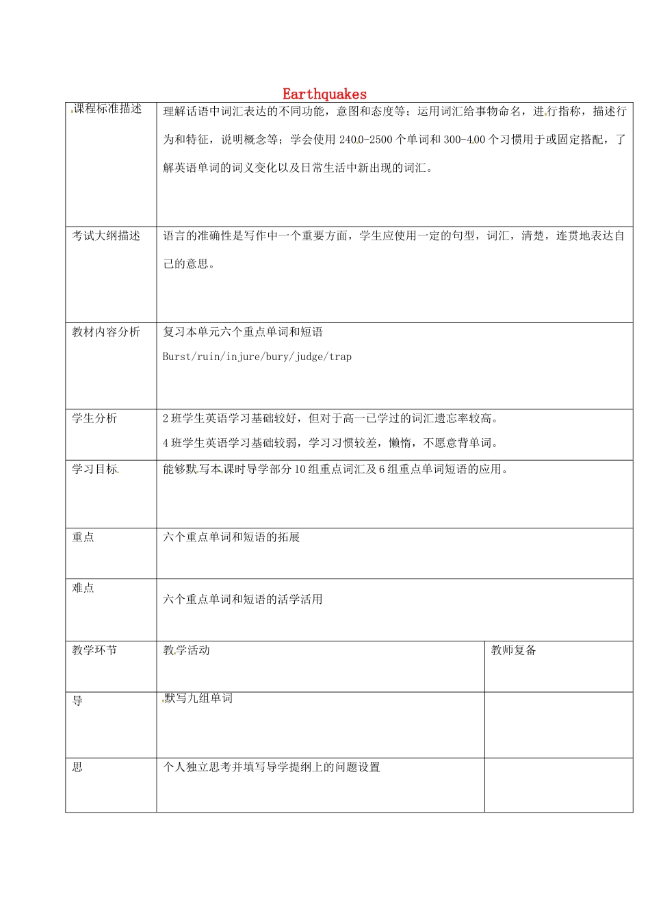 高中英语 Unit 4 Earthquakes（第1课时）教学设计 新人教版必修1-新人教版高一必修1英语教案_第1页
