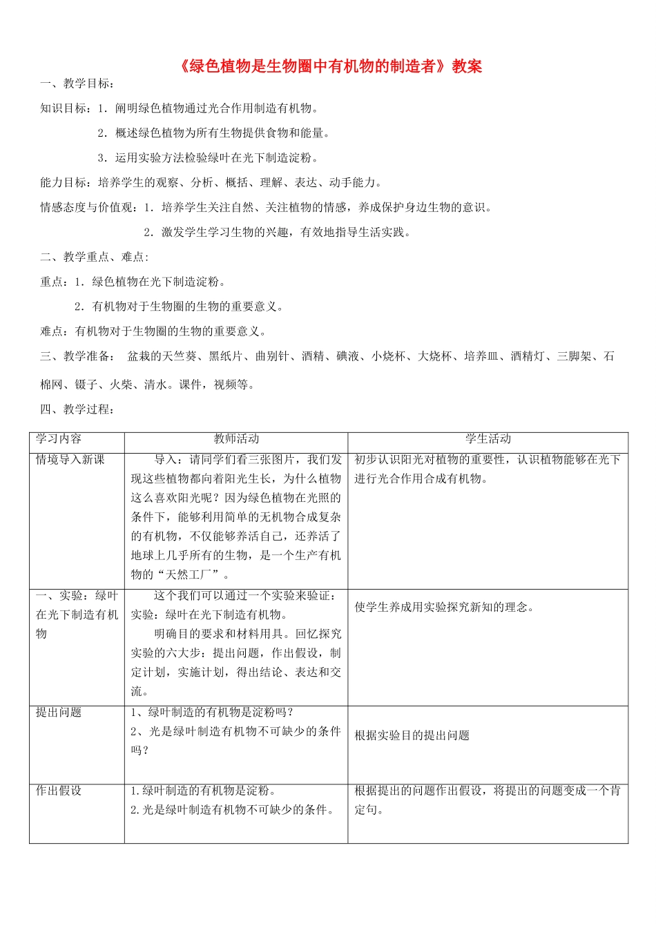 七年级生物上册 第三单元 第四章《绿色植物是生物圈中有机物的制造者》教案 （新版）新人教版-（新版）新人教版初中七年级上册生物教案_第1页