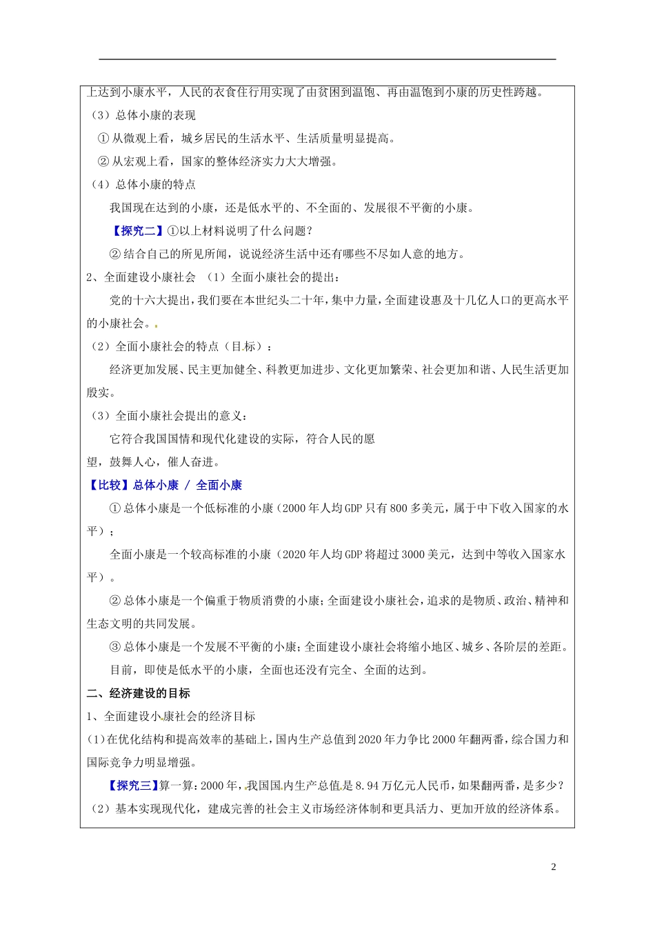 甘肃省民勤县第六中学高中政治《全面建设小康社会的经济目标》教学设计 新人教版必修1_第2页