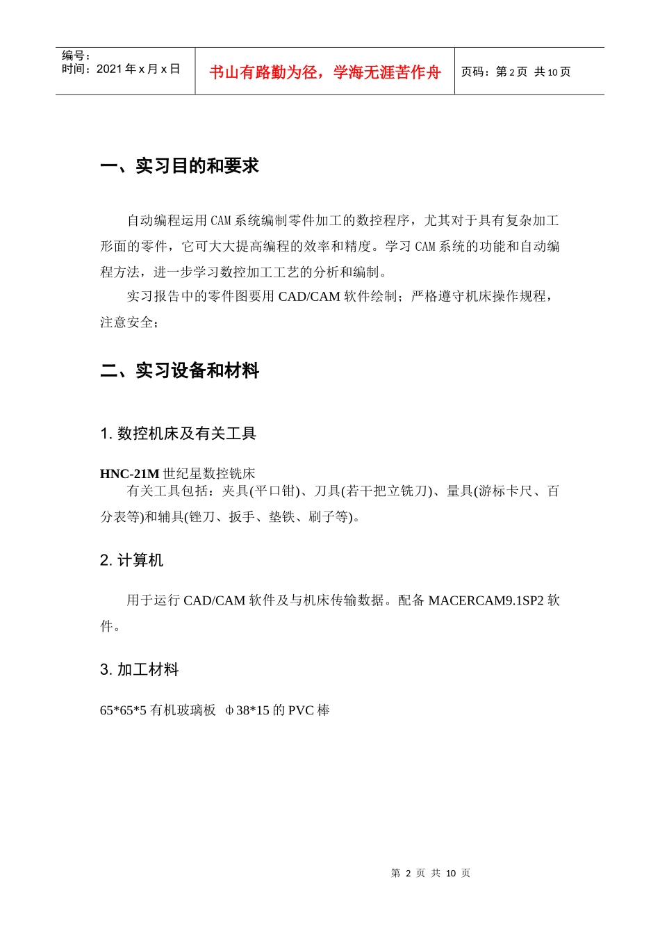 CAM数控加工实习报告范本_第2页