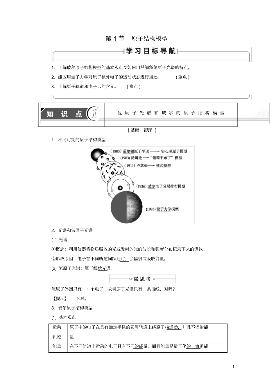 人教版2020高中化学第1章原子结构第1节原子结构模型学案鲁科版选修3_第1页
