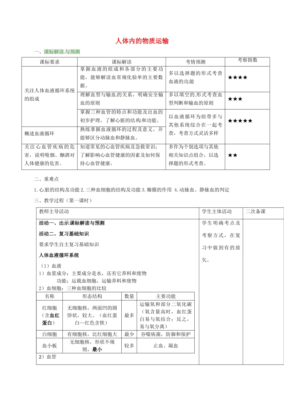 七年级生物下册 第三单元 第三章 人体内的物质运输复习教案（1）（新版）济南版-（新版）济南版初中七年级下册生物教案_第1页