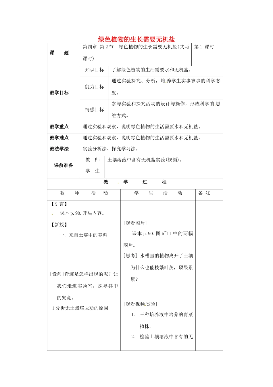 七年级生物上册 3.4.2 绿色植物的生长需要水和无机盐教案 （新版）苏科版-（新版）苏科版初中七年级上册生物教案_第1页