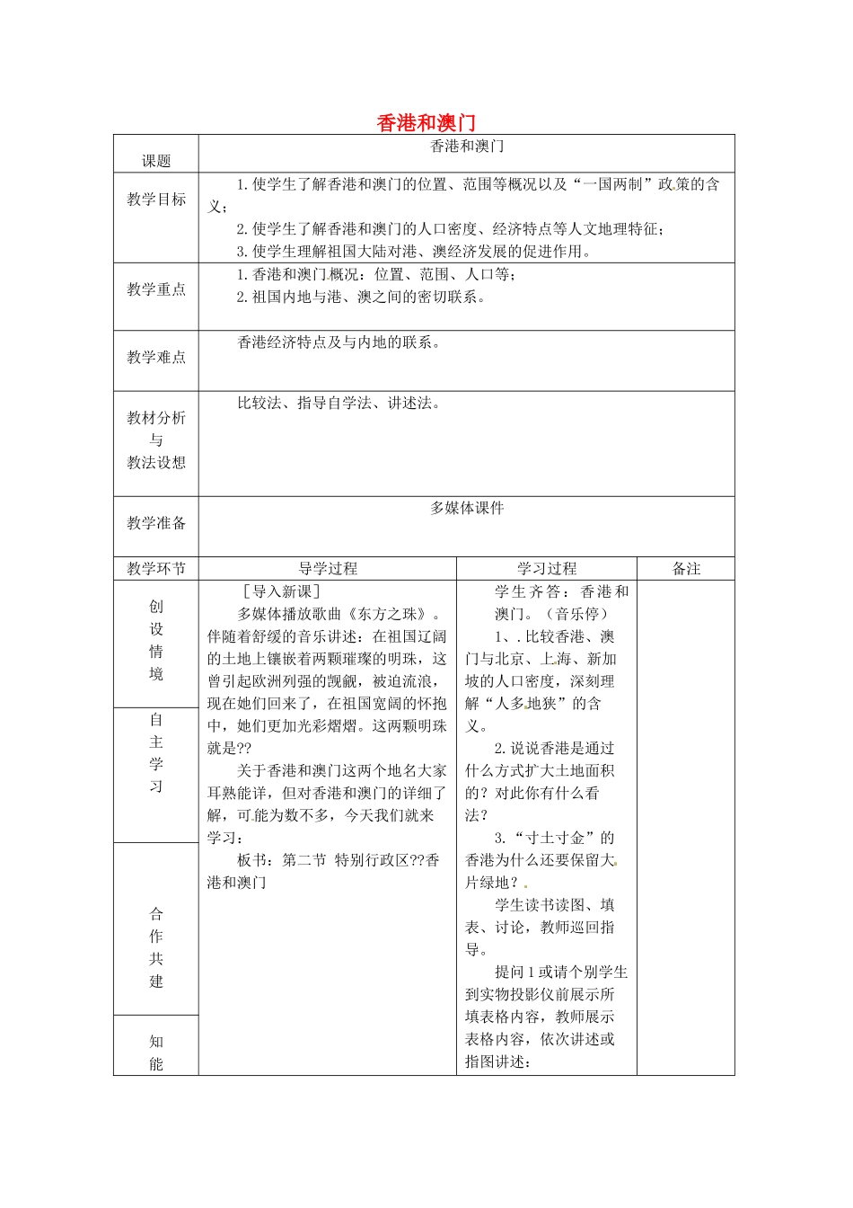 山东省临沂市蒙阴县第四中学八年级地理会考复习 香港和澳门教案 新人教版_第1页