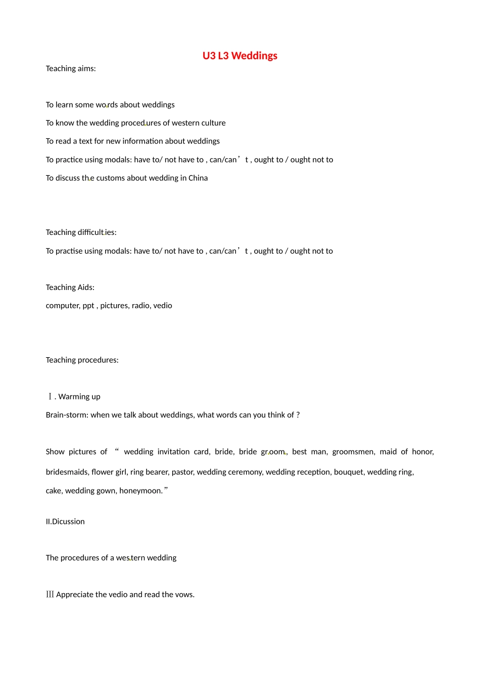 高中英语 Unit 3 Lesson 3 Weddings教案 北师大版必修1-北师大版高一必修1英语教案_第1页