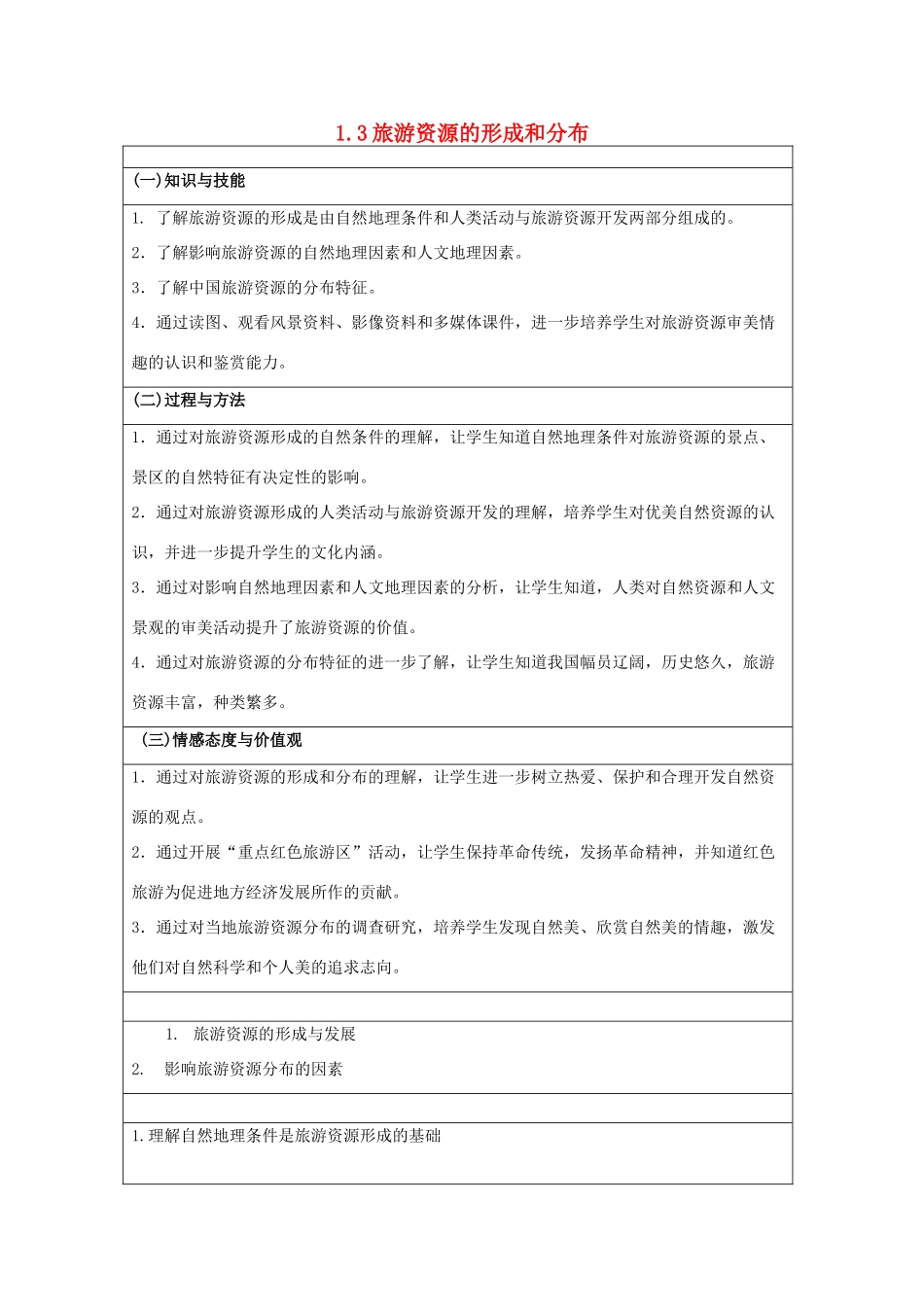 高中地理 第一章 旅游和旅游资源 1.3 旅游资源的形成和分布教案 湘教版选修3-湘教版高二选修3地理教案_第1页