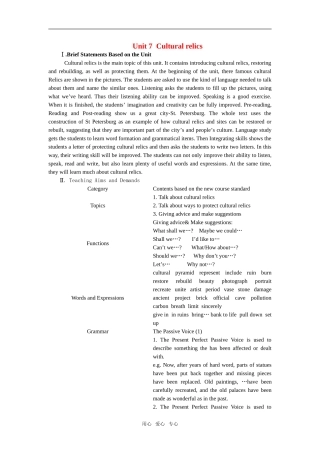 【精品】高一英语上册 nit7 Cultural relics(第一课时)教案 大纲人教版第一册