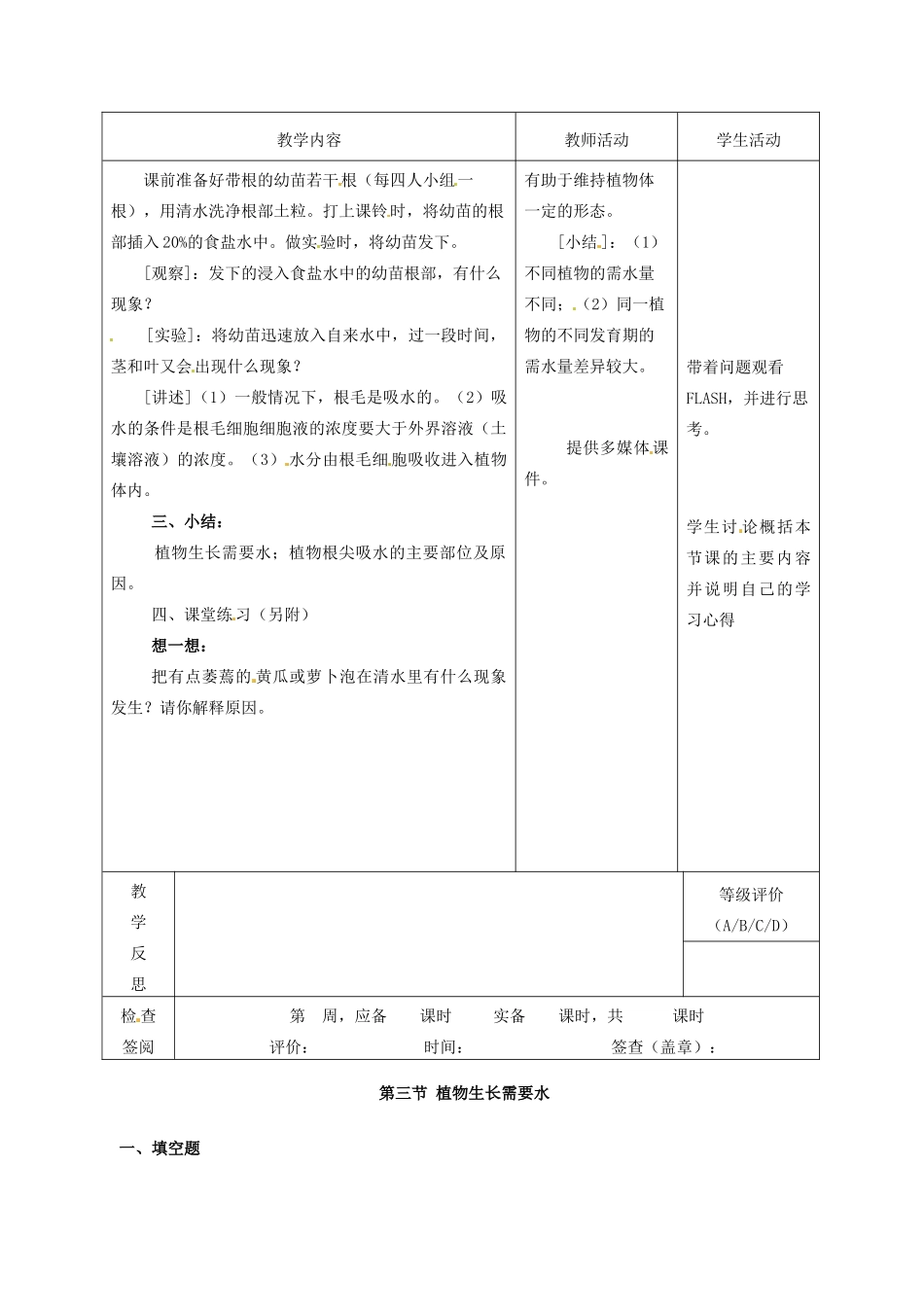 七年级生物上册 第5章 第3节 植物生长需要水和无机盐教案1 苏教版-苏教版初中七年级上册生物教案_第2页
