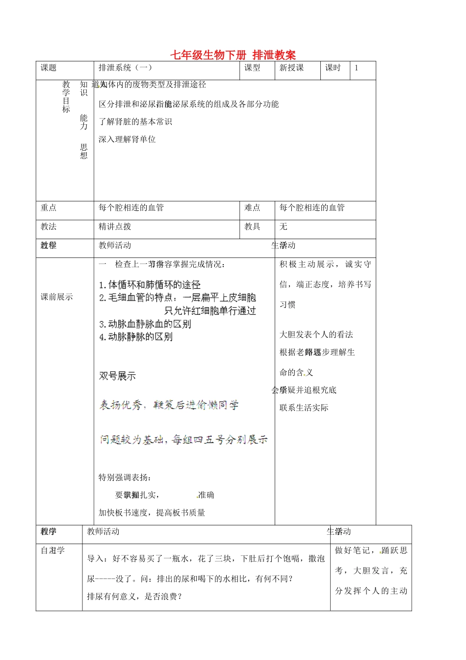 山东省莘县妹冢镇中心初级中学七年级生物下册 排泄教案 新人教版_第1页
