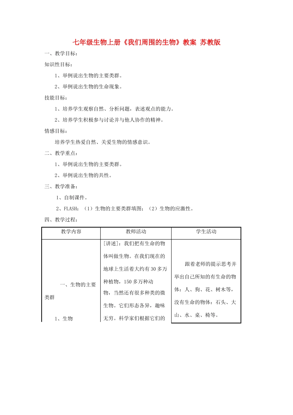 七年级生物上册《我们周围的生物》教案 苏教版_第1页
