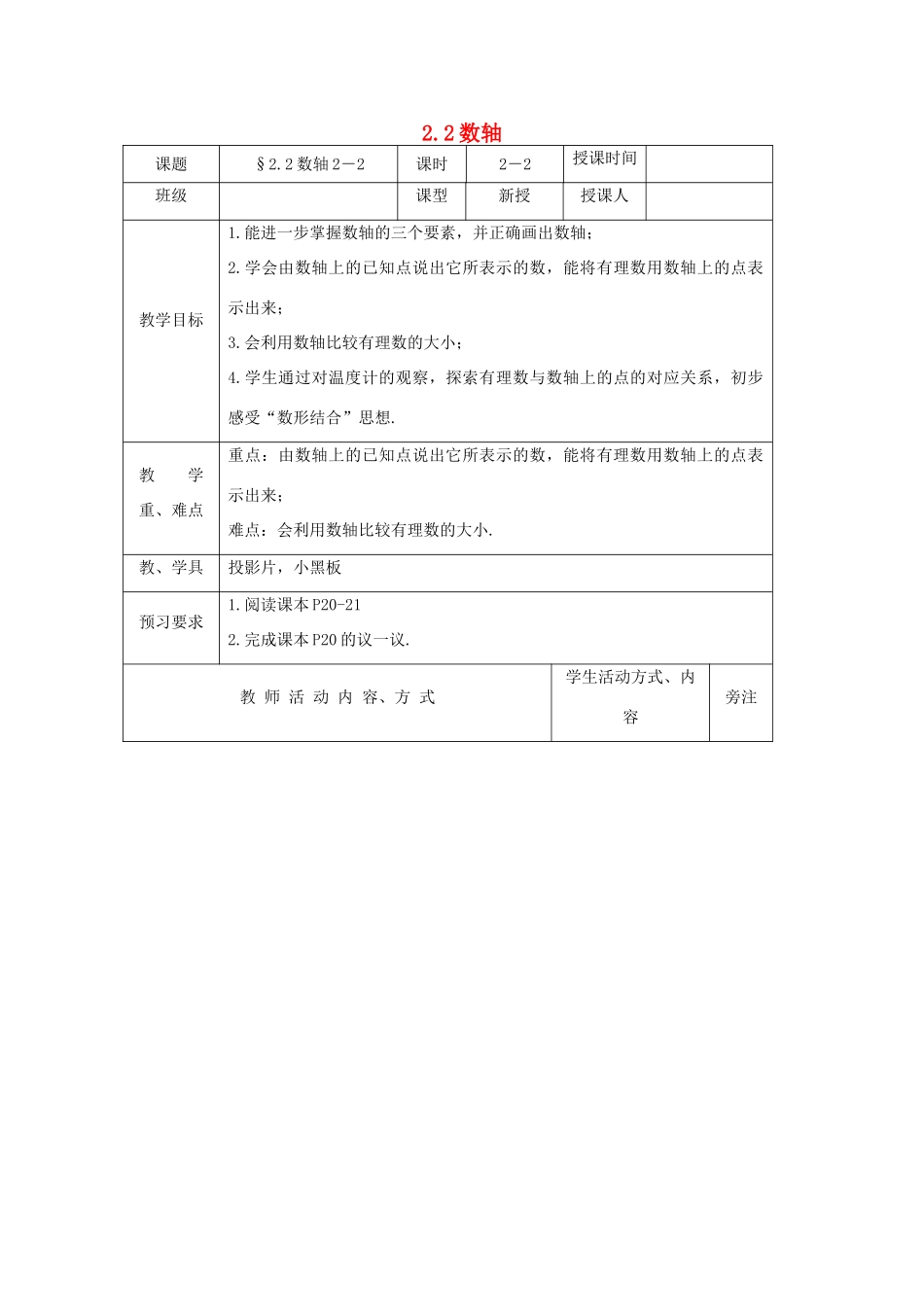 七年级数学上册 第2章 有理数 2.2 数轴（第2课时）教案1 苏科版-苏科版初中七年级上册数学教案_第1页