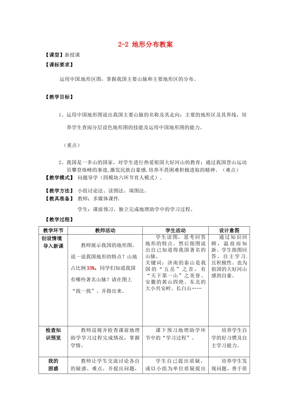 山东省枣庄市峄城区吴林街道中学八年级地理上册 2-2 地形分布教案 商务星球版_第1页