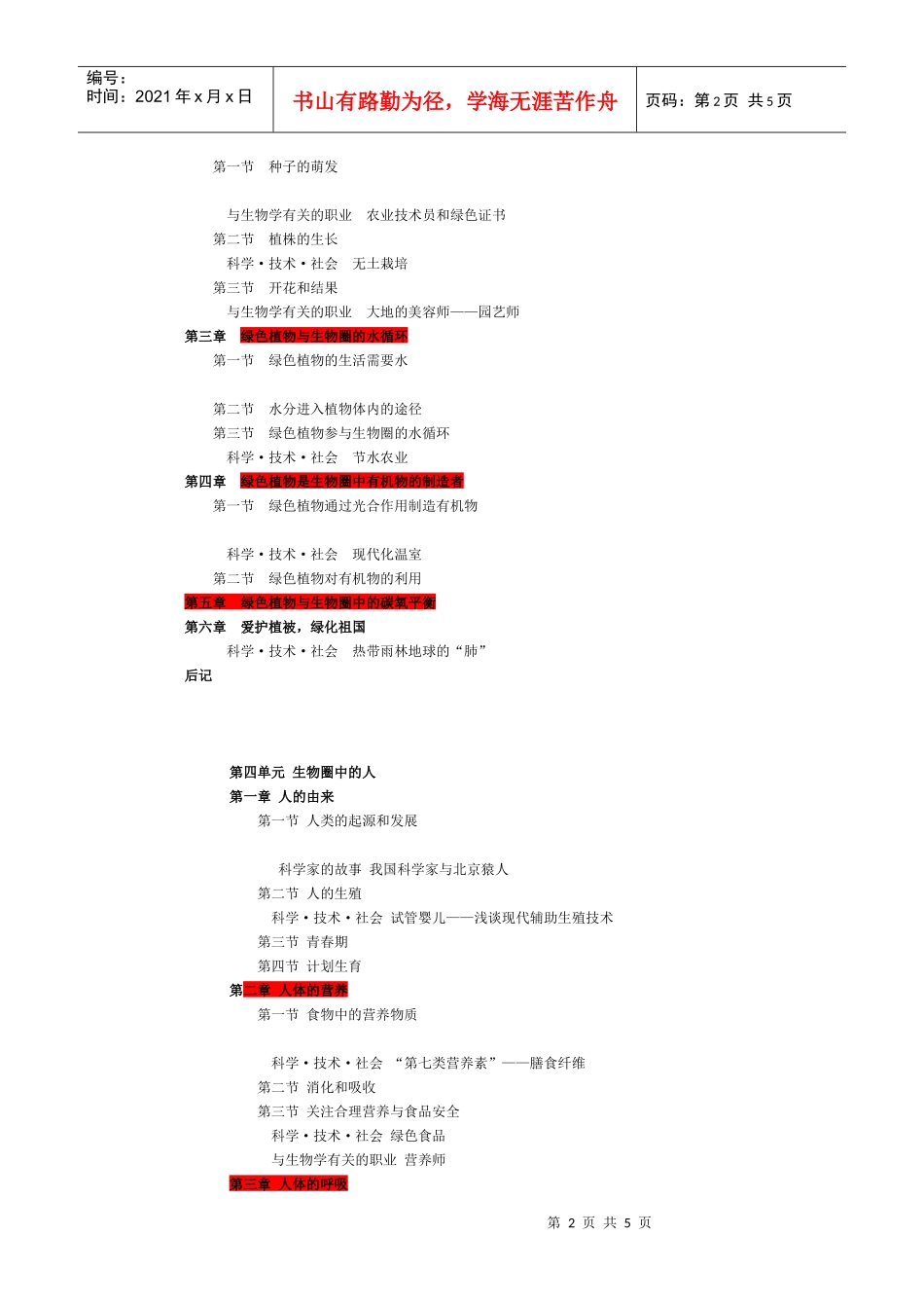 初中生物教材目录表---人教版_第2页