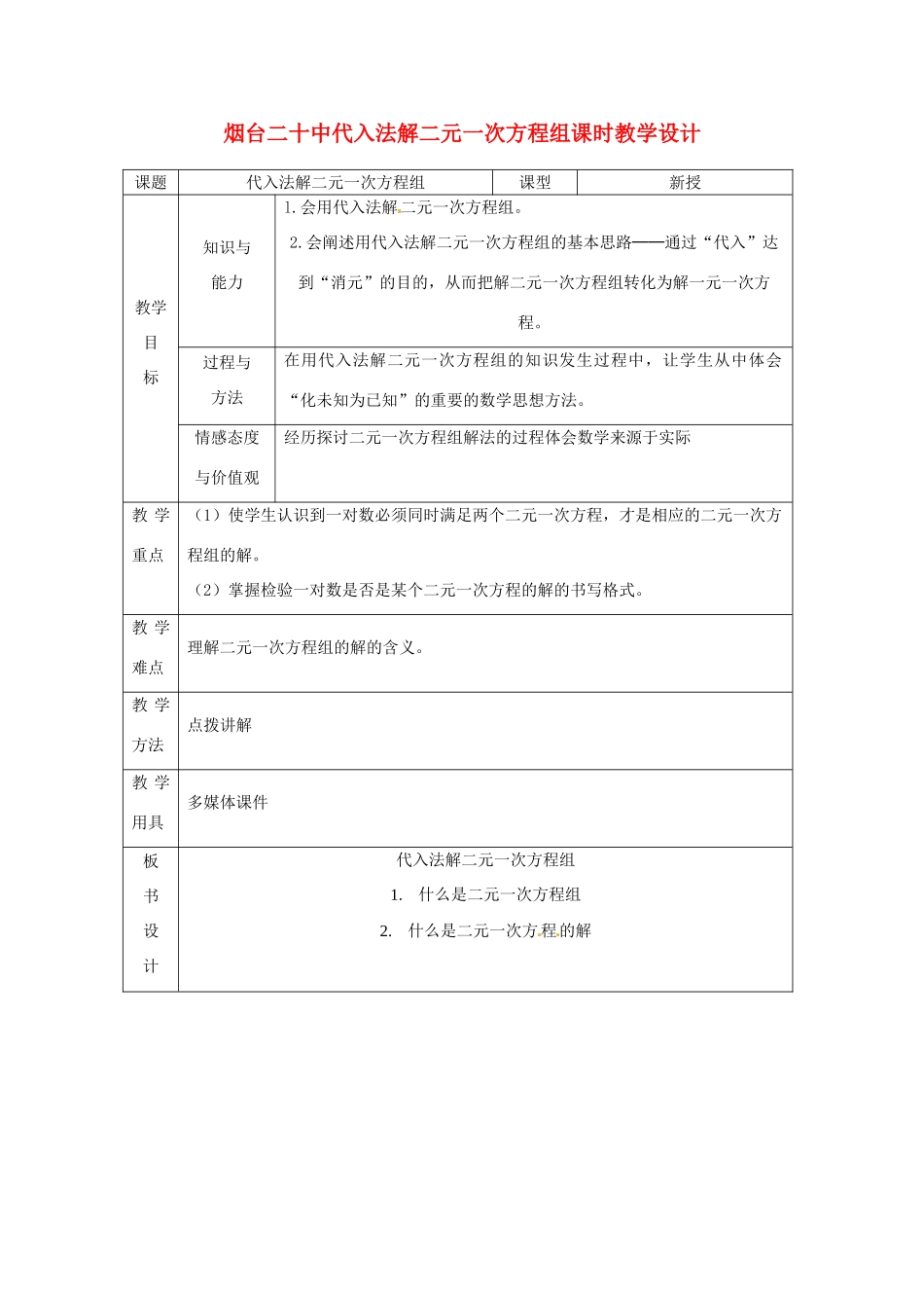 山东省烟台20中七年级数学 《用代入法解二元一次方程》教案_第1页