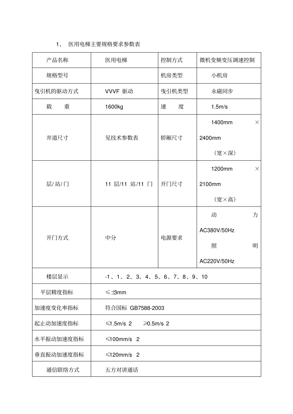 医用电梯主要规格要求参数表_第1页