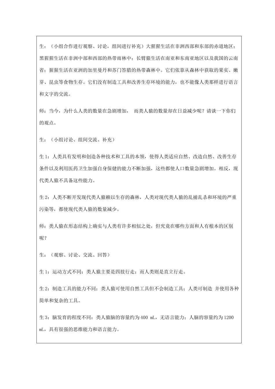 山东省龙口市诸由观镇诸由中学七年级生物下册 1.1 人类的起源和发展教案1 新人教版_第3页