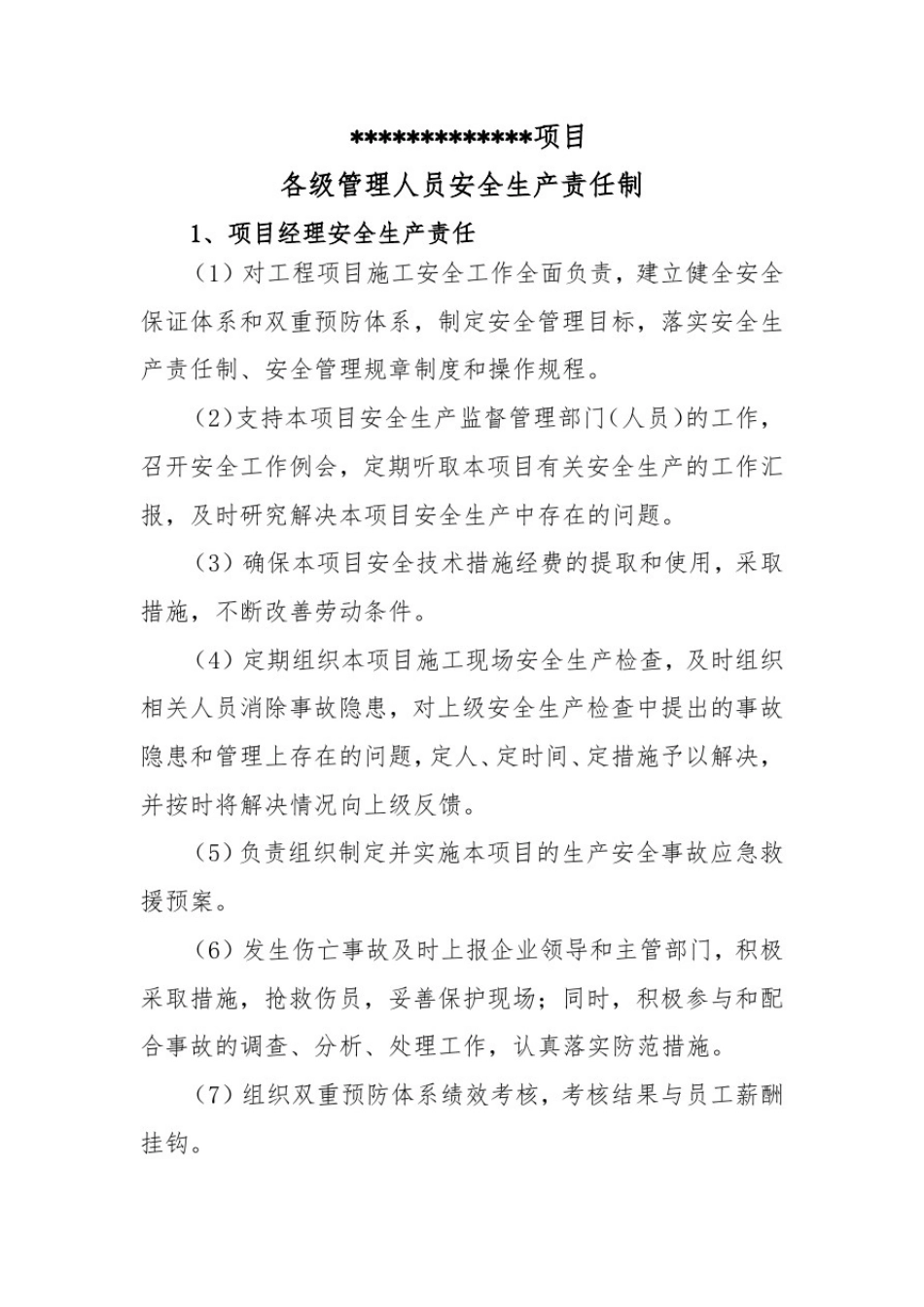 双重预防体系各级责任制(项目级)_第1页