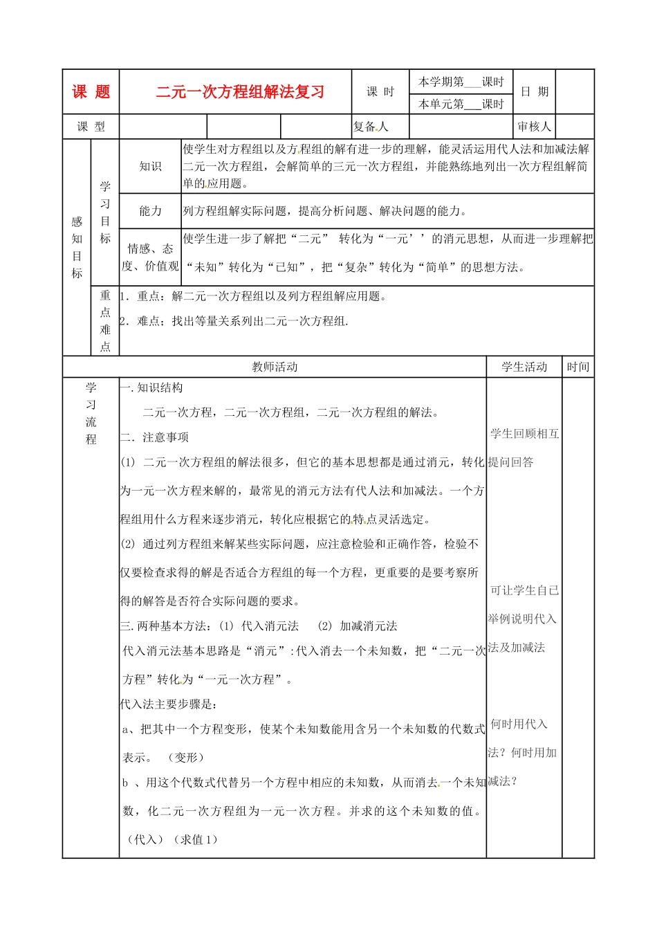 山东省滨州市邹平实验中学七年级数学下册 7二元一次方程解法复习教案 新人教版_第1页