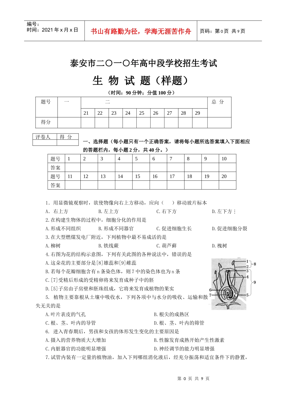 二O一O年泰安市初中生学业考试生物_第1页