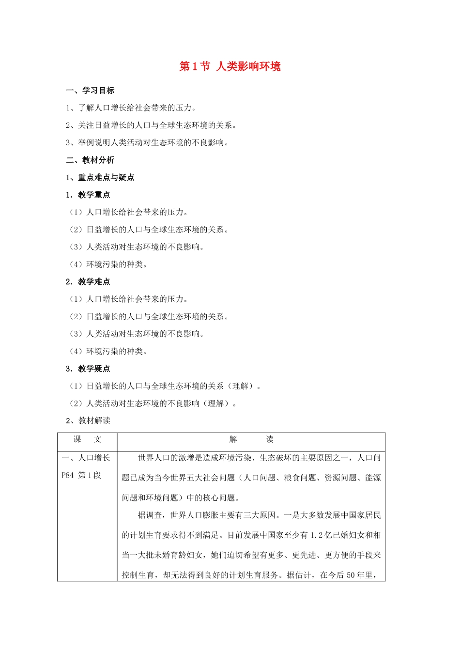 高中生物《人类影响环境》教案2 苏教版必修3_第1页