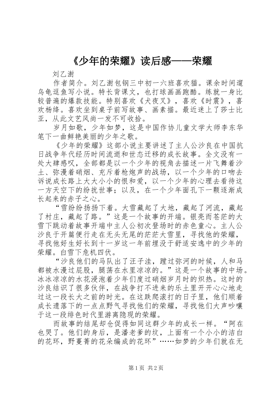 《少年的荣耀》读后感——荣耀 _第1页