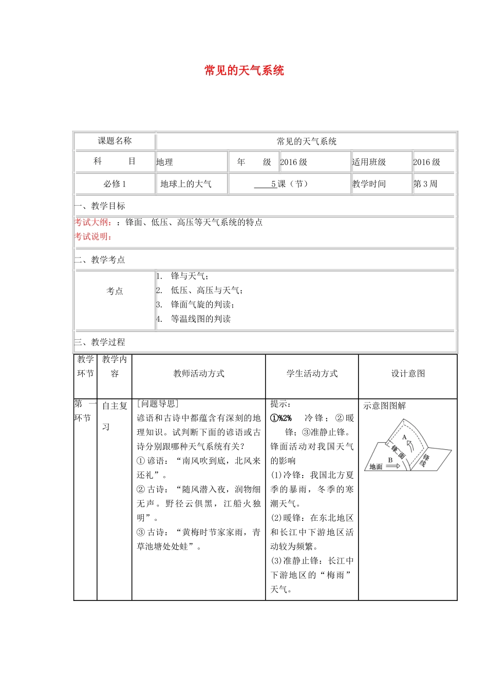 高中地理上学期第三周《常见的天气系统》教学设计-人教版高中全册地理教案_第1页