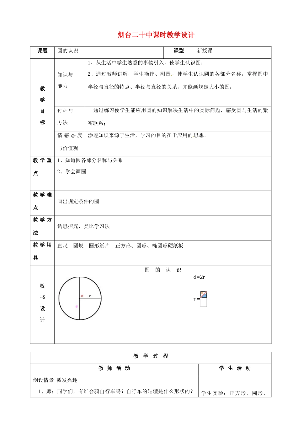 山东省烟台20中九年级数学《圆的认识》教学设计_第1页