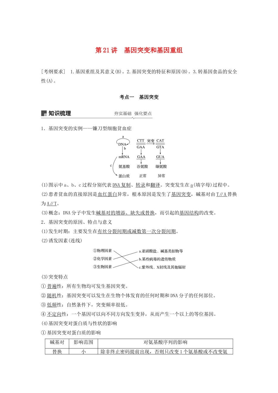 （江苏专用）高考生物新导学大一轮复习 第七单元 生物的变异、育种和进化 第21讲 基因突变和基因重组讲义（含解析）苏教版-苏教版高三全册生物教案_第1页