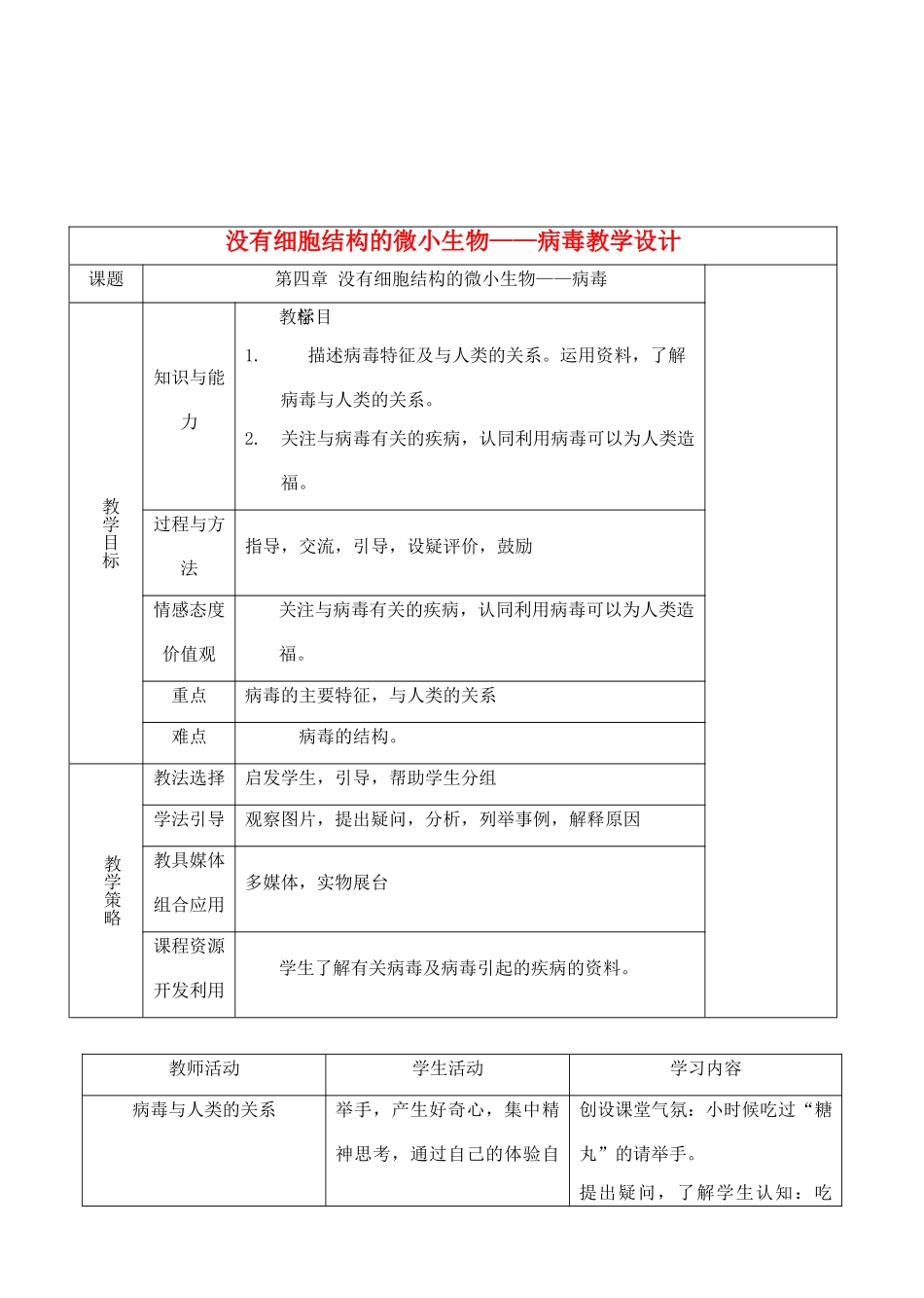 七年级生物下册 2.4没有细胞结构的微小生物——病毒教学设计 人教版_第1页