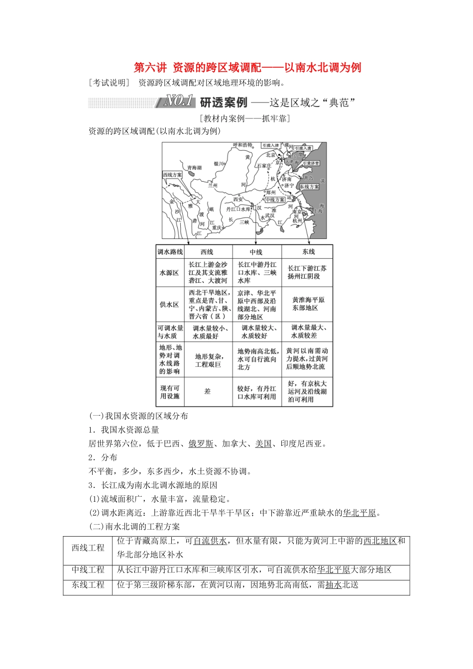 （江苏专用）2020版高考地理一轮复习 第三部分 第二单元 第六讲 资源的跨区域调配——以南水北调为例教案（含解析）-人教版高三全册地理教案_第1页