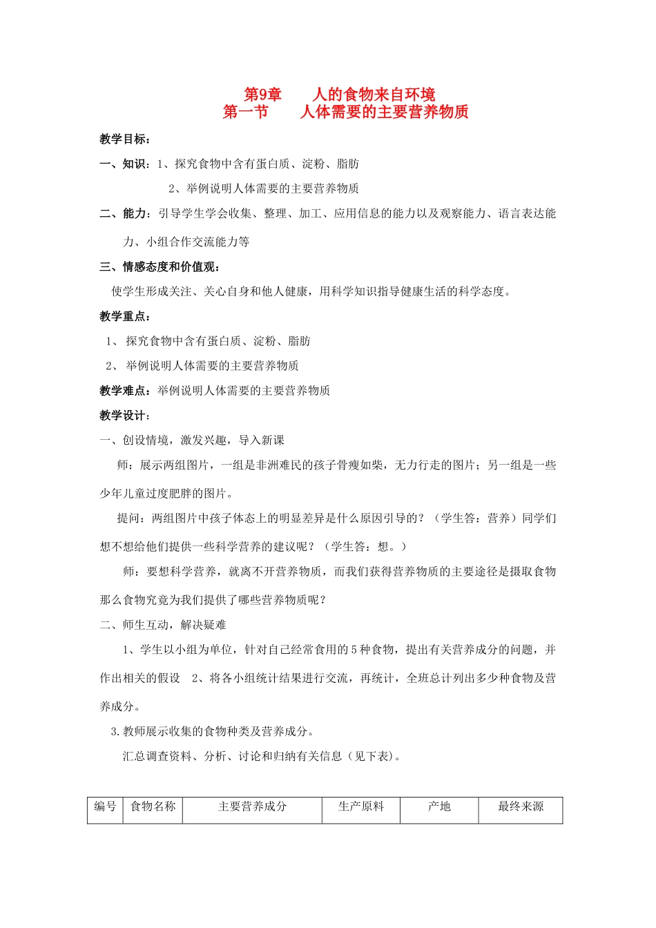 七年级生物下册 第九章 第一节 人体需要的主要营养物质教案 苏教版_第1页
