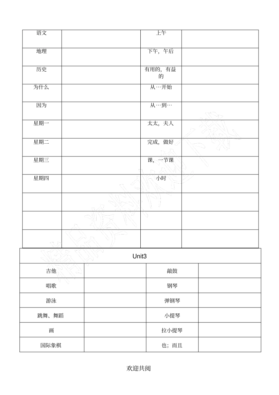 山东教育出版社五四制英语新六年级下册单词表格模板根据汉字写单词_第2页