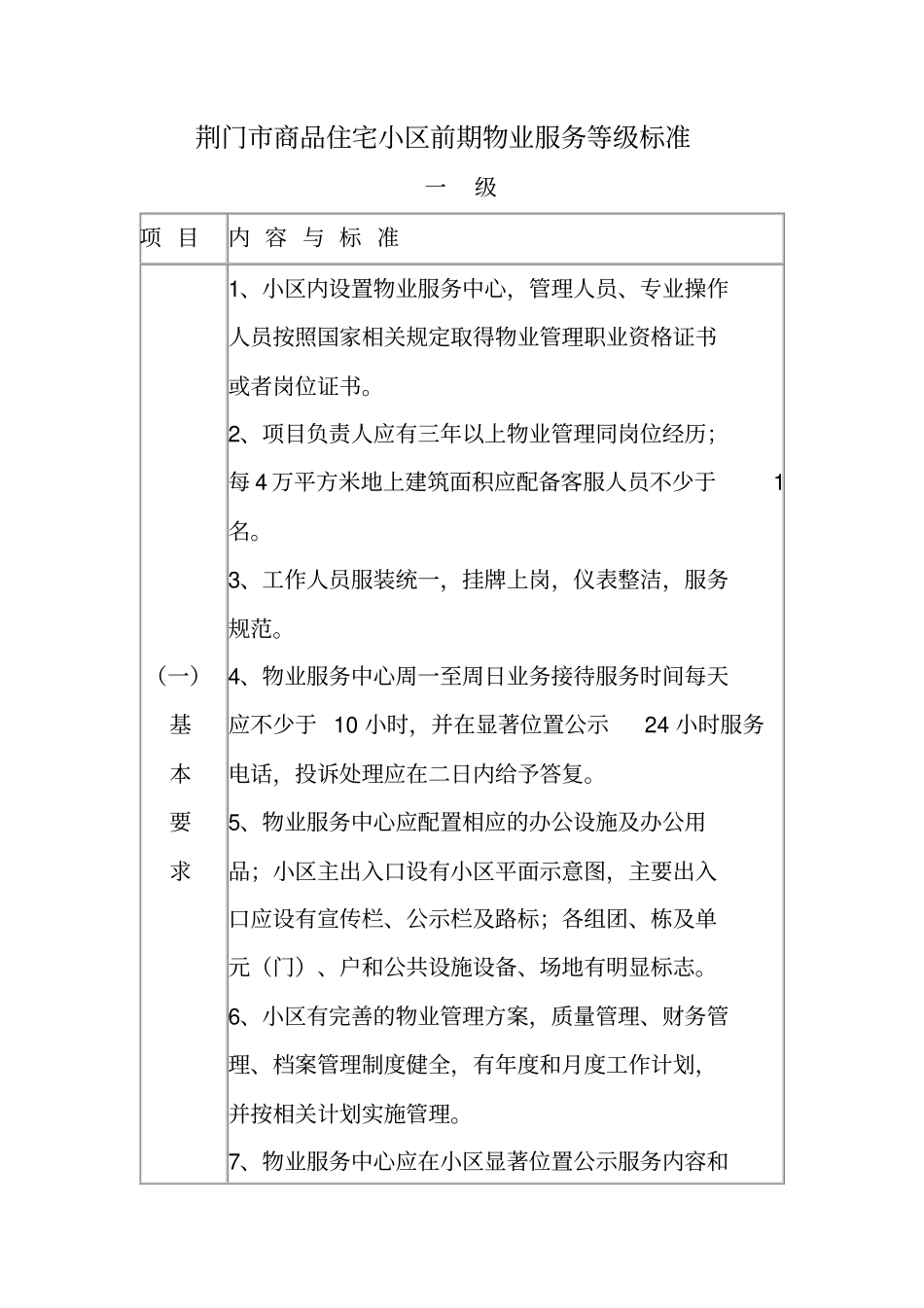 (完整版)荆门商品住宅小区前期物业服务等级标准_第1页