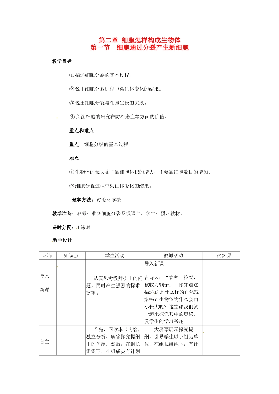 山东省临沭县第三初级中学七年级生物上册 细胞通过分裂产生新细胞教案 新人教版_第1页