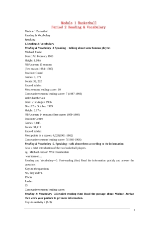 高三英语 Module 1《Basketball -Reading & Vocabulary》教案（外研版选修7）