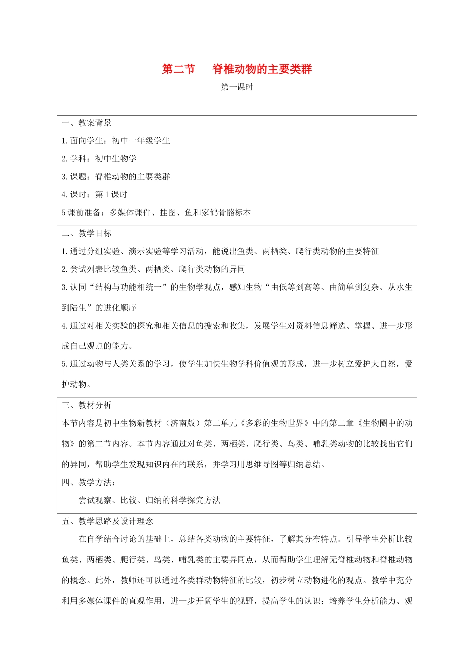 七年级生物上册 2.2.2《脊椎动物的主要类群》第一课时教案1 （新版）济南版-（新版）济南版初中七年级上册生物教案_第1页