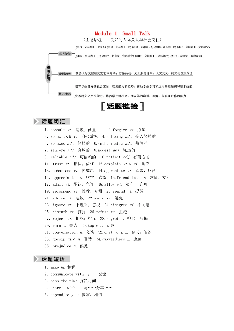 高考英语一轮总复习 Module 1 Small Talk（教师用书）教案 外研版选修6-外研版高三选修6英语教案_第1页