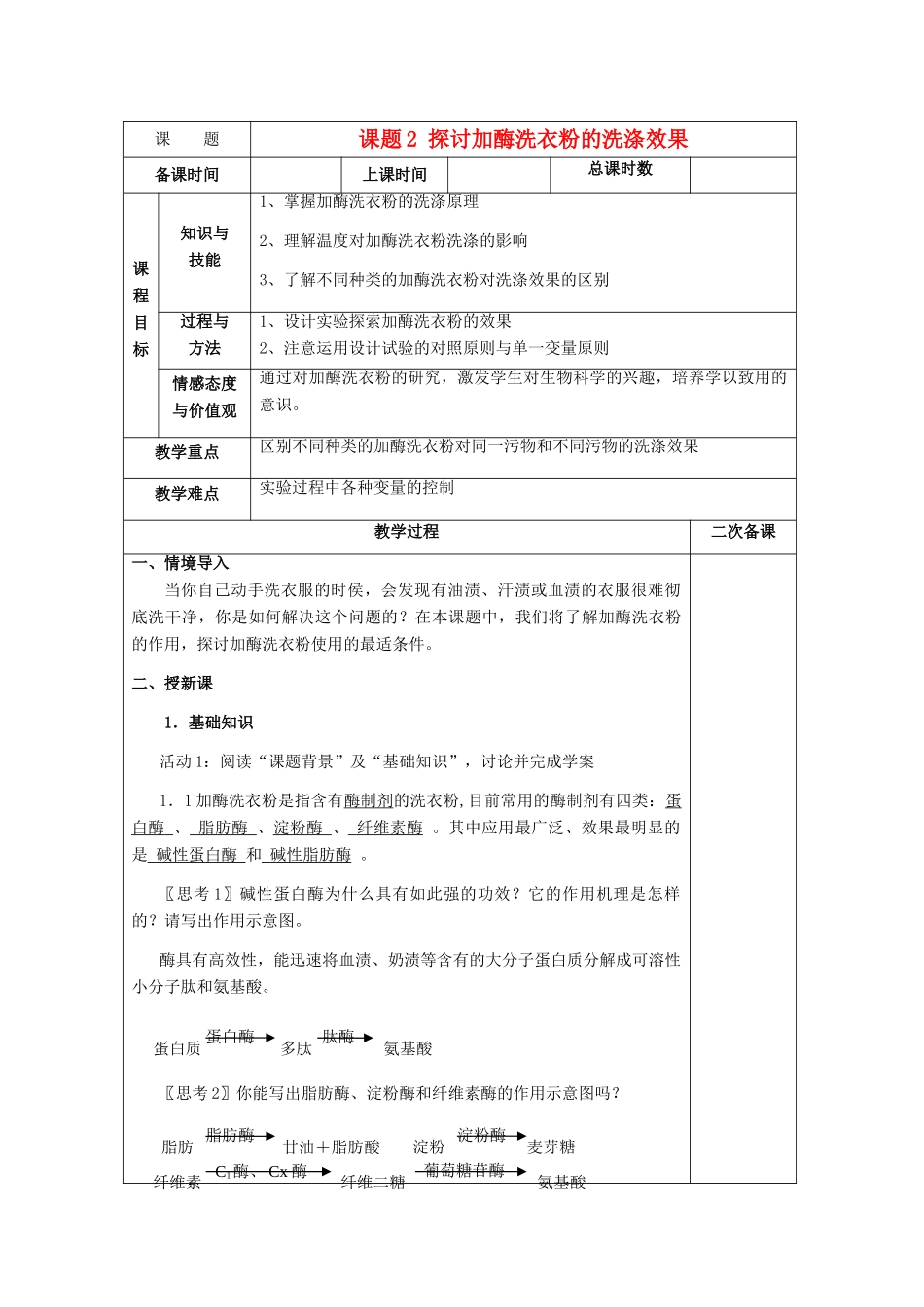 高中生物 4.2《探讨加酶洗衣粉的洗涤效果》教案4 新人教版选修1_第1页