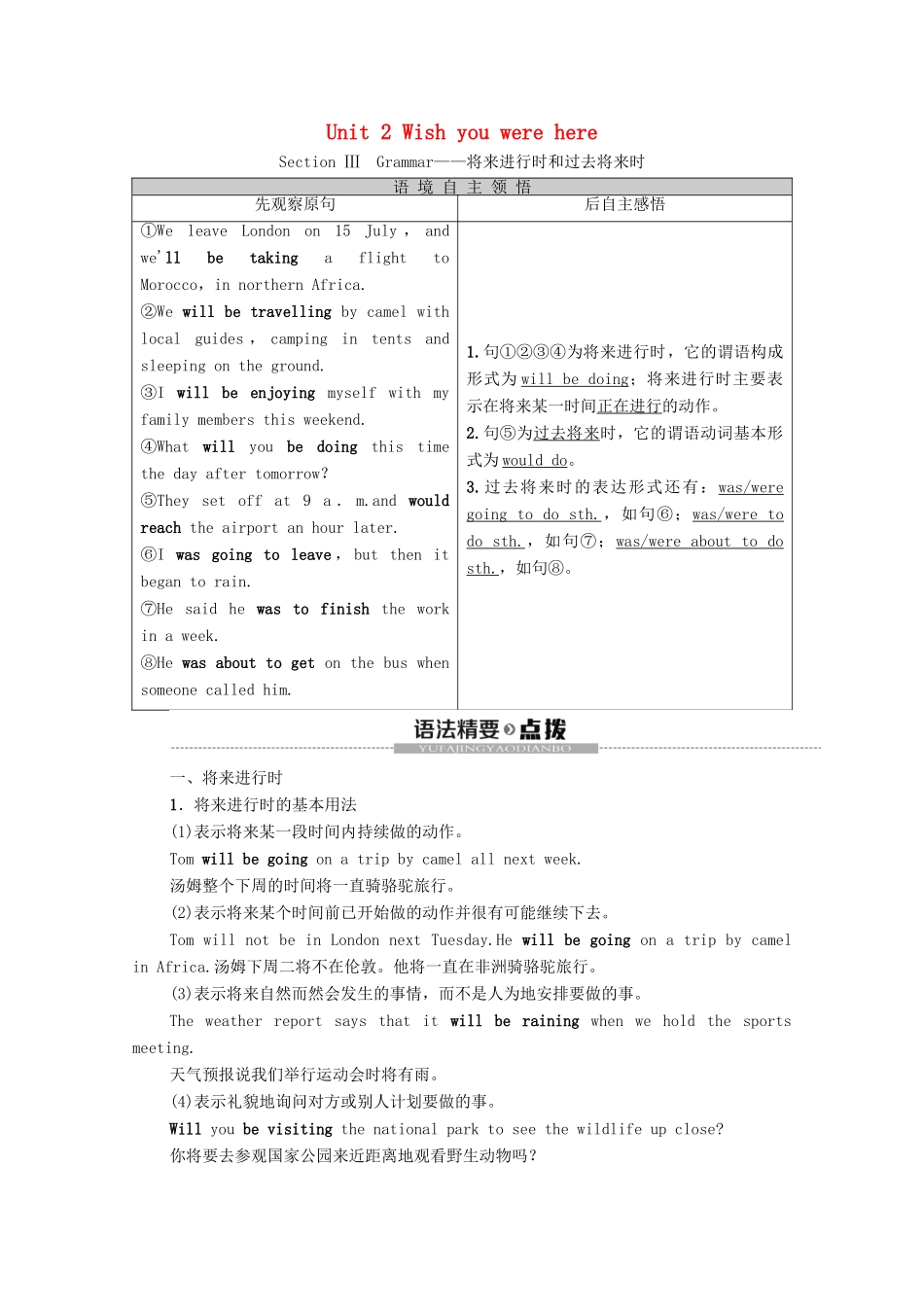 高中英语 Unit 2 Wish you were here Section Ⅲ Grammar—将来进行时和过去将来时（教师用书）教案 牛津译林版必修2-牛津版高一必修2英语教案_第1页