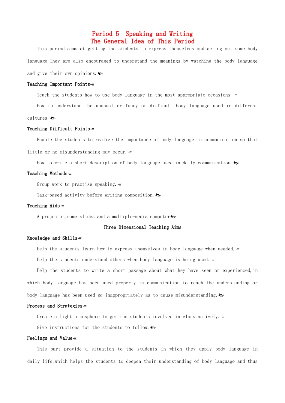 高中英语 Unit4 Body languange Period 5 Speaking and Writingg优秀教案 新人教版必修4_第1页