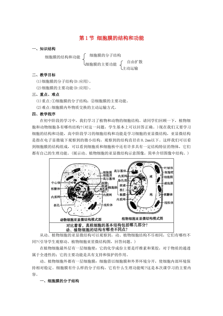 高中生物《细胞膜的结构与功能》教案1 中图版必修1_第1页