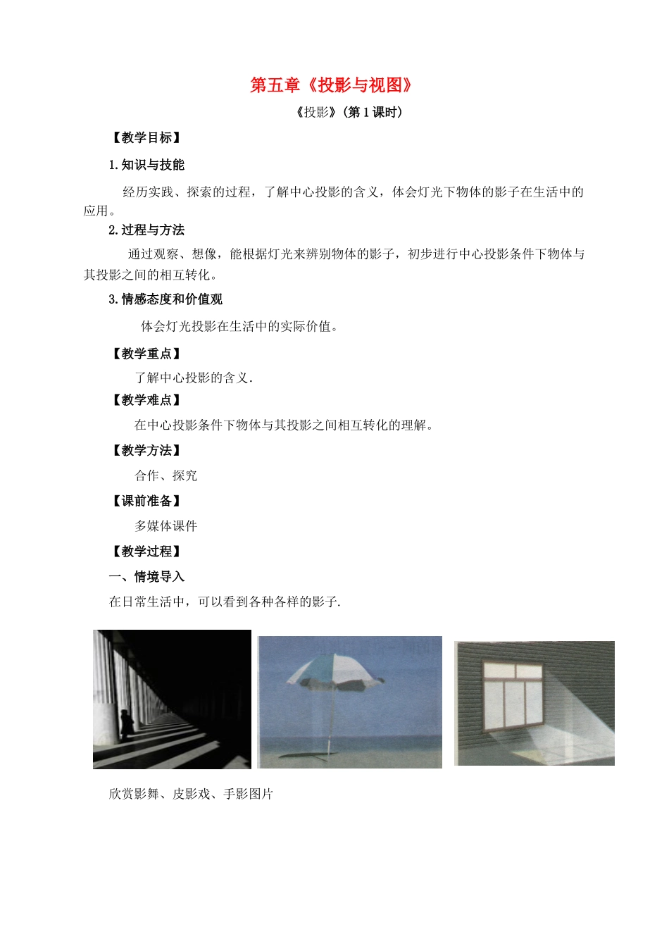 九年级数学上册 第五章 投影与视图 第1节 投影（第1课时）教案 （新版）北师大版-（新版）北师大版初中九年级上册数学教案_第1页