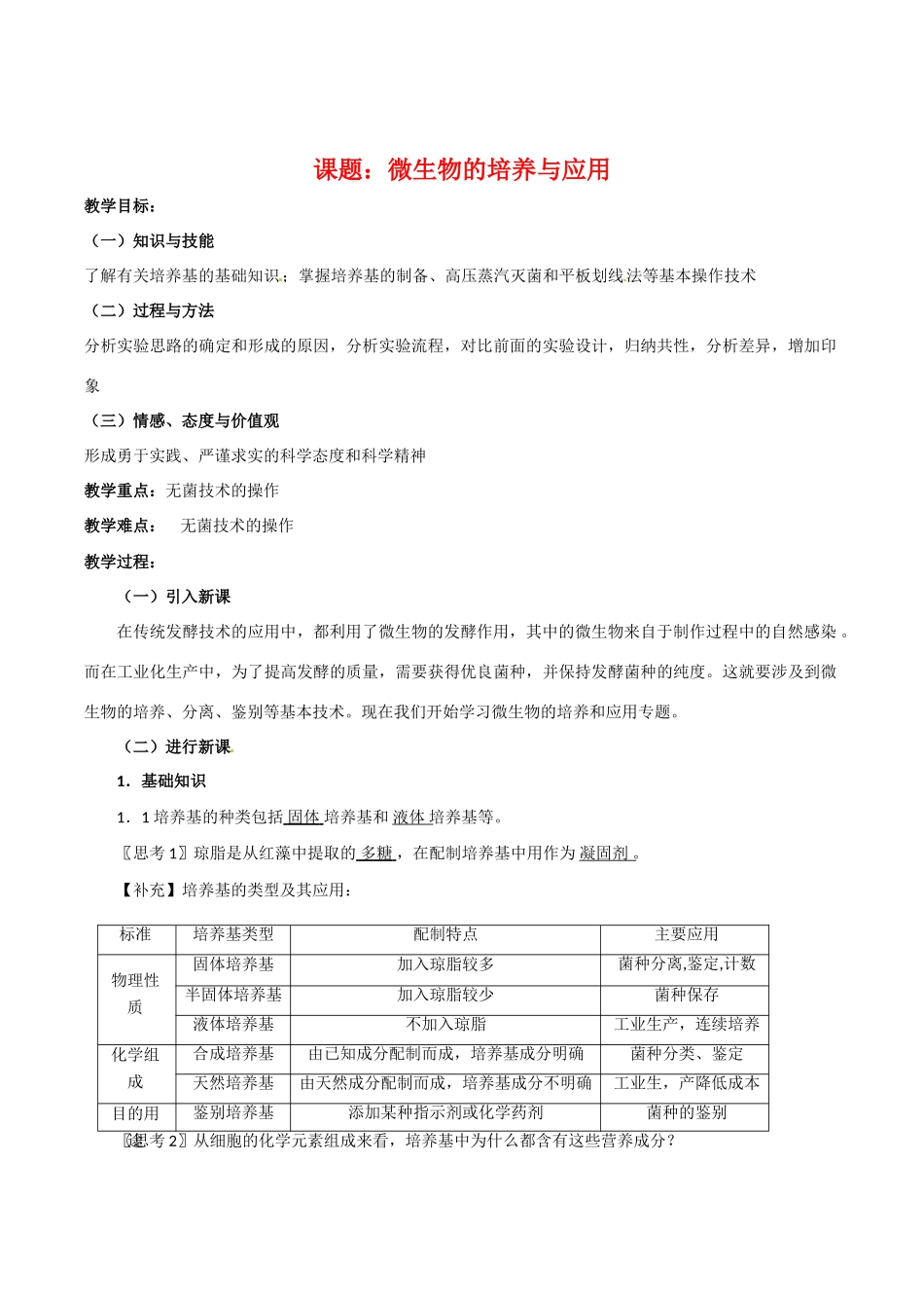 高中生物：专题2《微生物的培养与应用》教案新人教版选修1_第1页