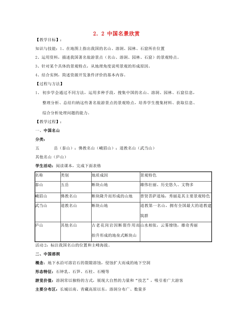高中地理 第二章 旅游景观的欣赏 2.2 中国名景欣赏教案1 湘教版选修3-湘教版高二选修3地理教案_第1页
