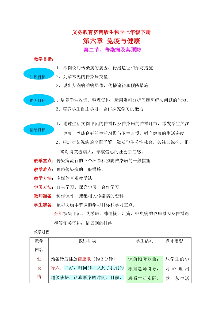 七年级生物上册 《第二节、传染病及其预防》教案与流程 济南版_第1页
