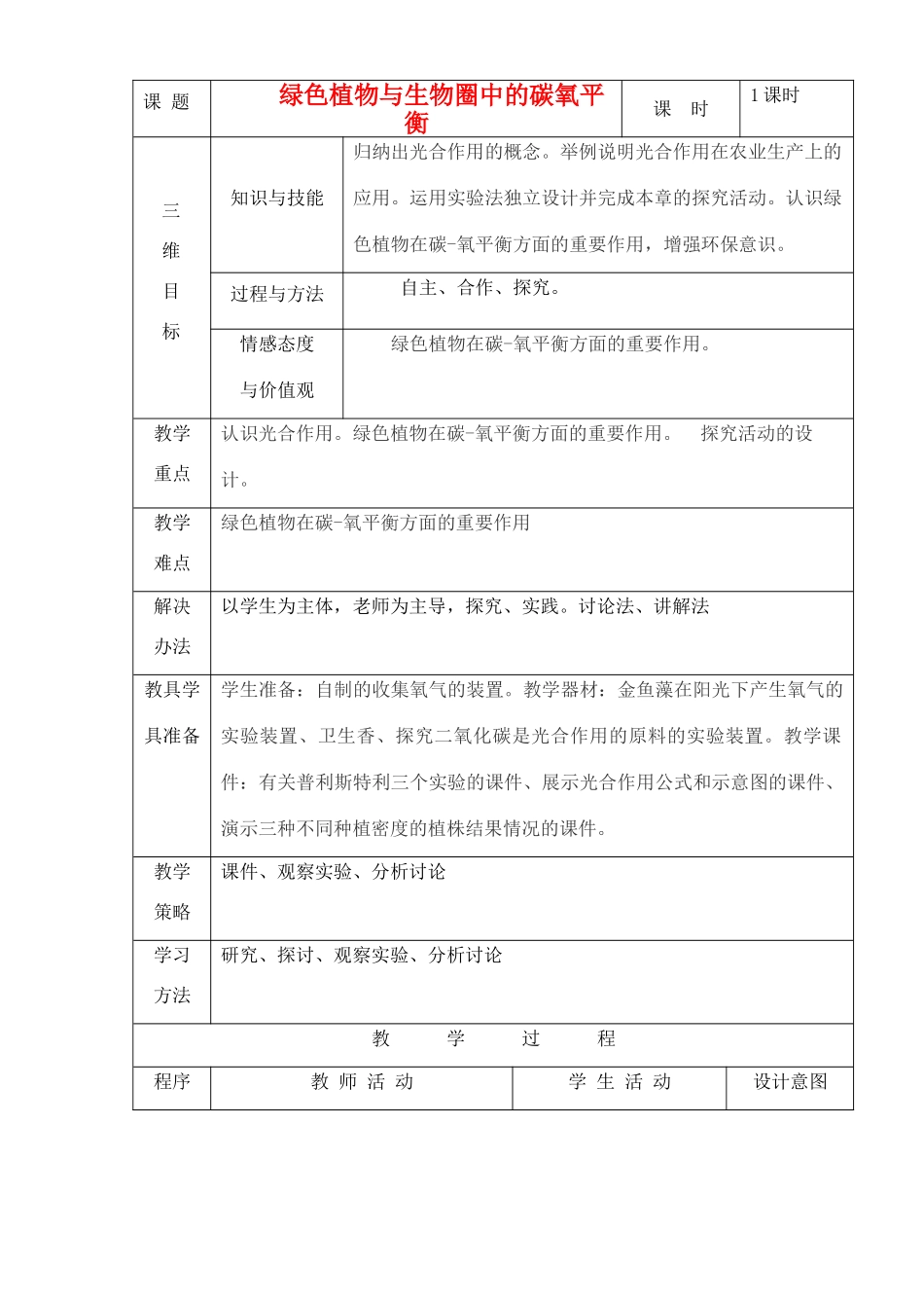 七年级生物上册 绿色植物与生物圈中的碳——氧平衡教案 人教新课标版_第1页