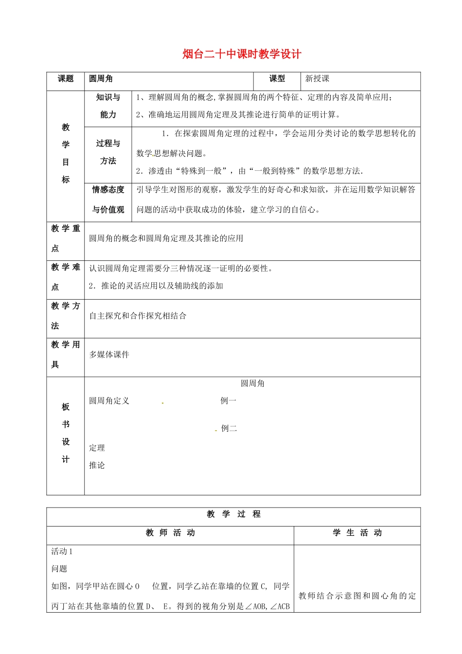 山东省烟台20中九年级数学《圆周角》教学设计_第1页