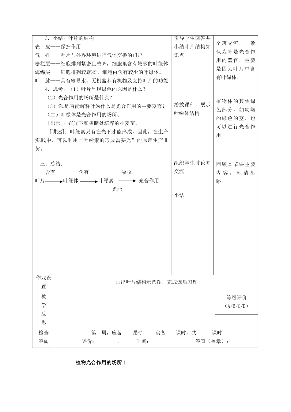 七年级生物上册 第6章 第2节 植物光合作用的场所教案1 苏教版-苏教版初中七年级上册生物教案_第3页